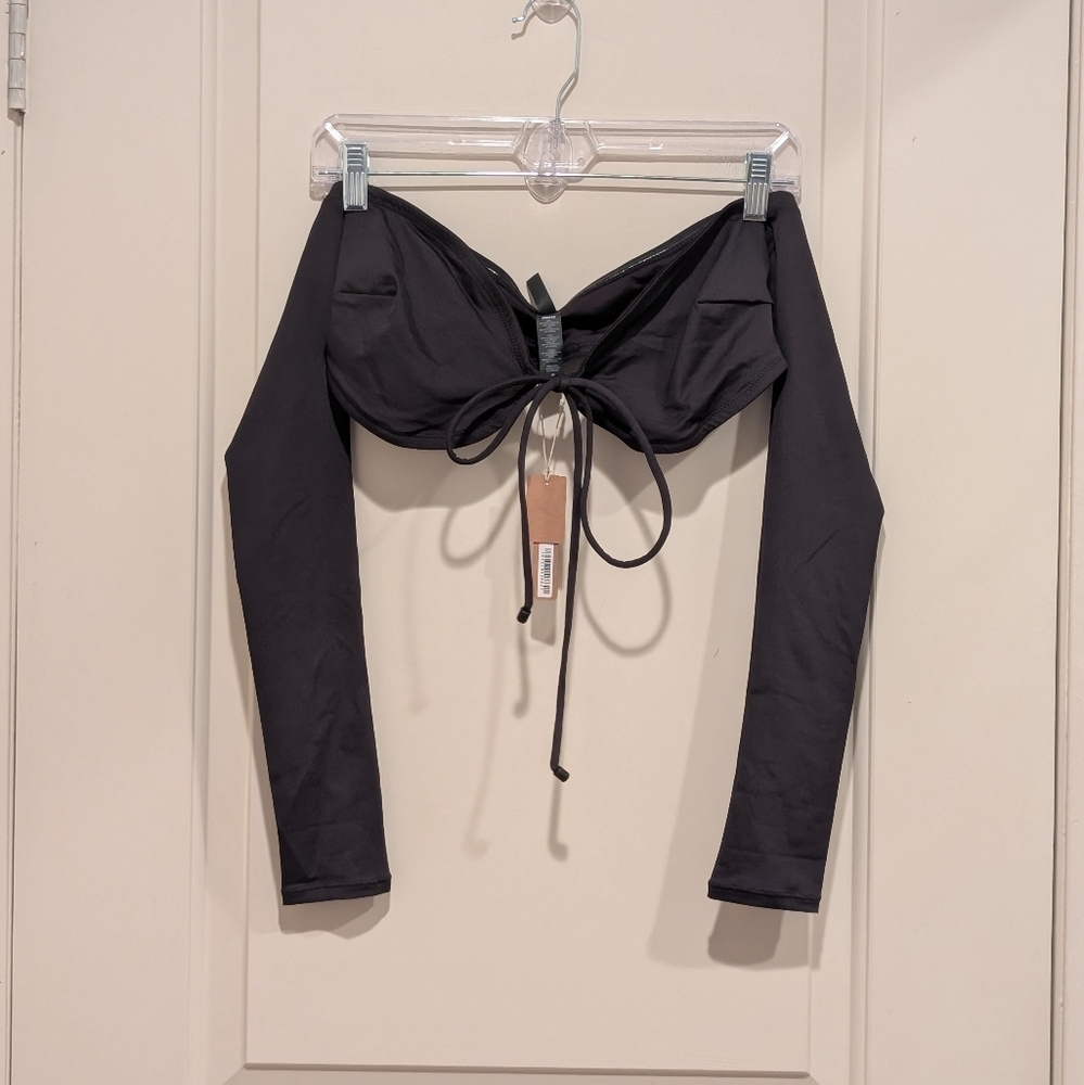 SKIMS Black Off-Shoulder Long Sleeve Bikini Top Medium